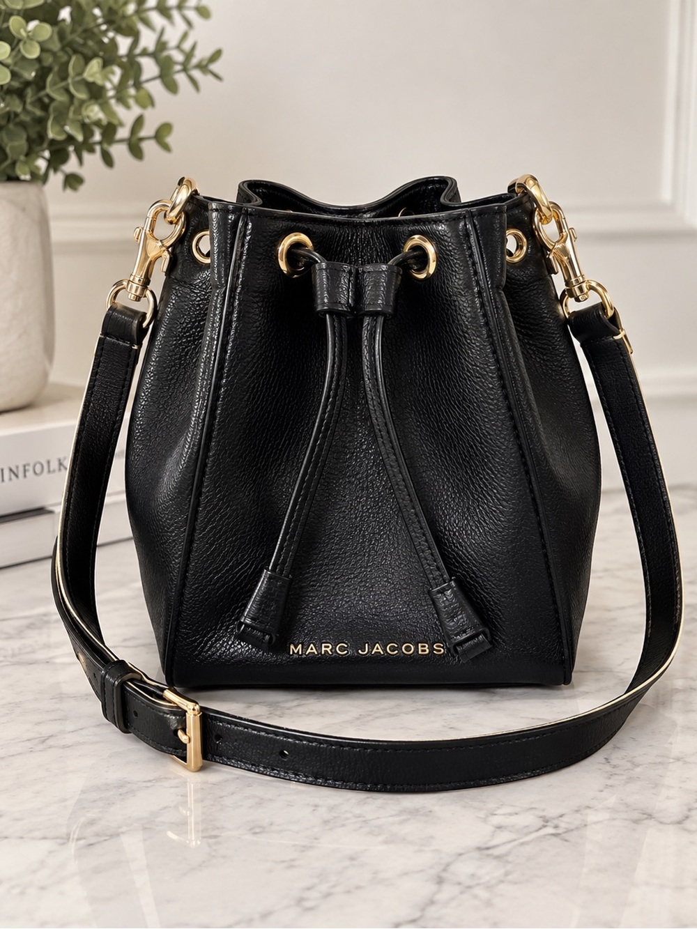 Marc Jacobs Black Leather Drawstring Bucket Crossbody with Gold Hardware